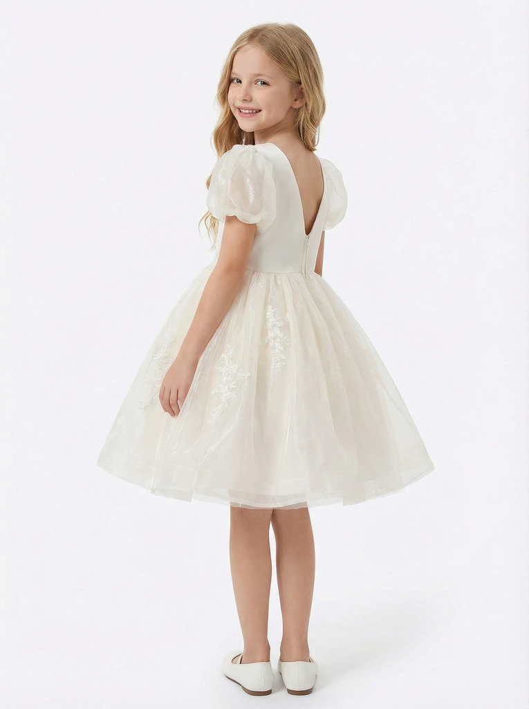 Puff Sleeve Flower Girl Gown with Embroidered Bodice and Tea Length Princess Tulle Skirt