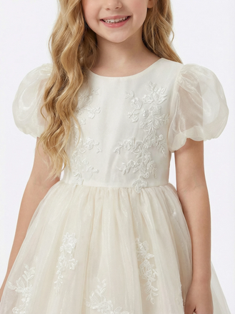 Puff Sleeve Flower Girl Gown with Embroidered Bodice and Tea Length Princess Tulle Skirt