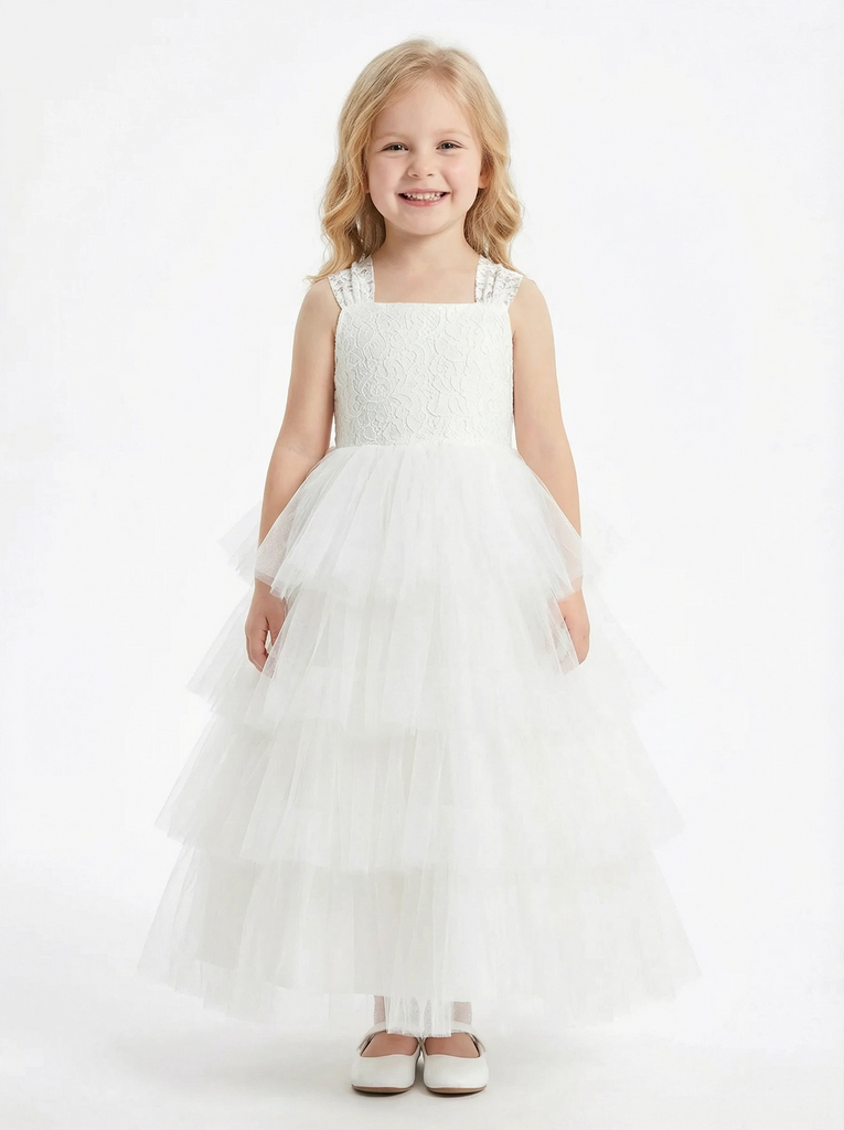 Layered Tulle Flower Girl Dress with Square Neck Sleeveless Bodice and Maxi Ball Gown Shape