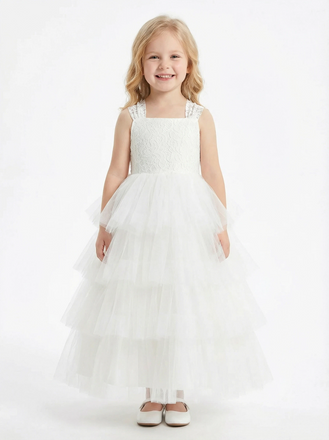 Layered Tulle Flower Girl Dress with Square Neck Sleeveless Bodice and Maxi Ball Gown Shape