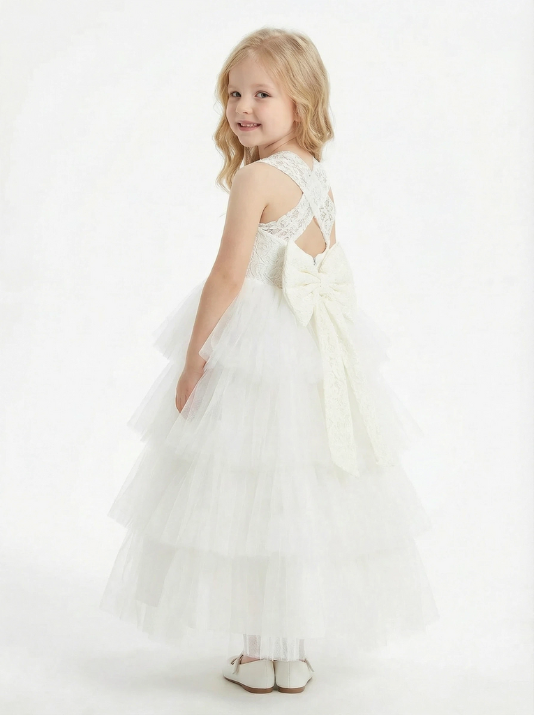 Layered Tulle Flower Girl Dress with Square Neck Sleeveless Bodice and Maxi Ball Gown Shape