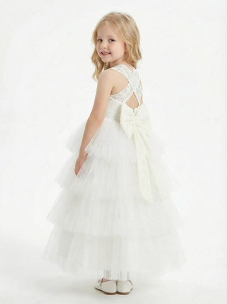 Layered Tulle Flower Girl Dress with Square Neck Sleeveless Bodice and Maxi Ball Gown Shape