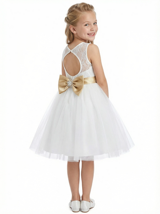 Tulle Tea Length Flower Girl Dress with Sleeveless Lace Bodice and A-Line Party Silhouette