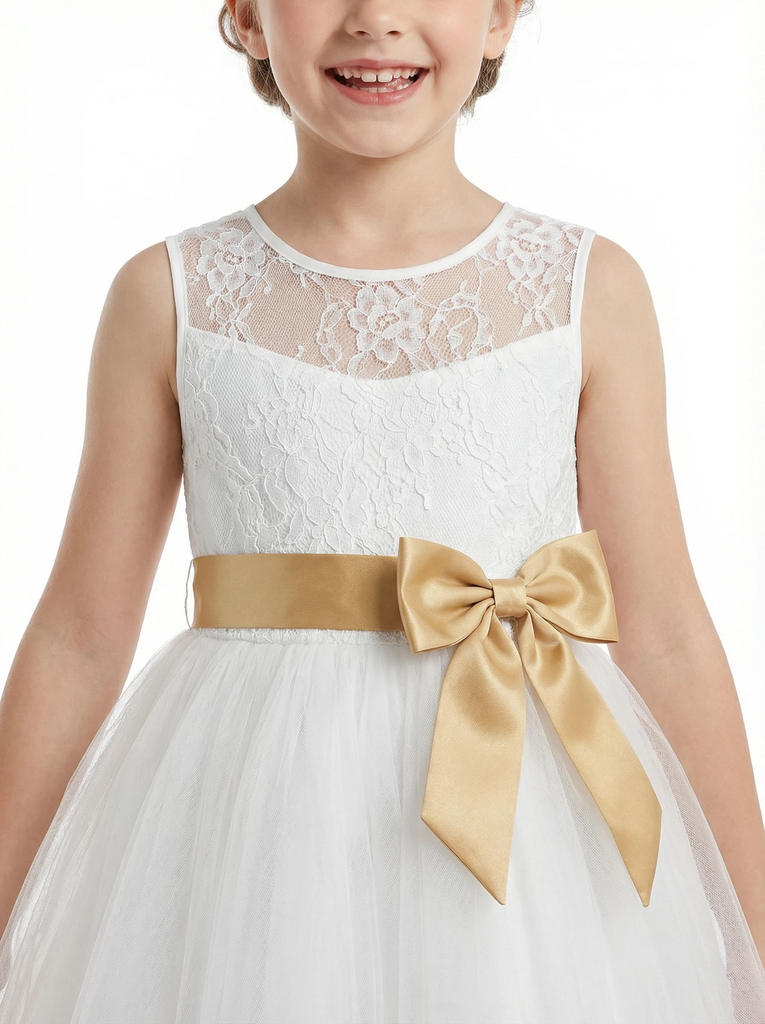 Lace Bodice Flower Girl Dress Sleeveless Round Neck Tea Length Tulle Party Formal Dress