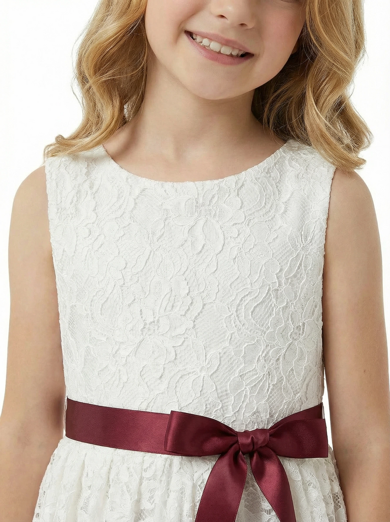 Vintage Lace Flower Girl Dress with Sleeveless Round Neck and Knee Length A-Line Skirt