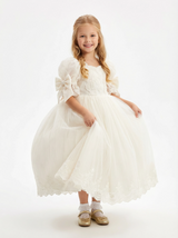 Vintage Lace Flower Girl Dress Puff Sleeve Square Neck Midi Length Tulle Princess Gown