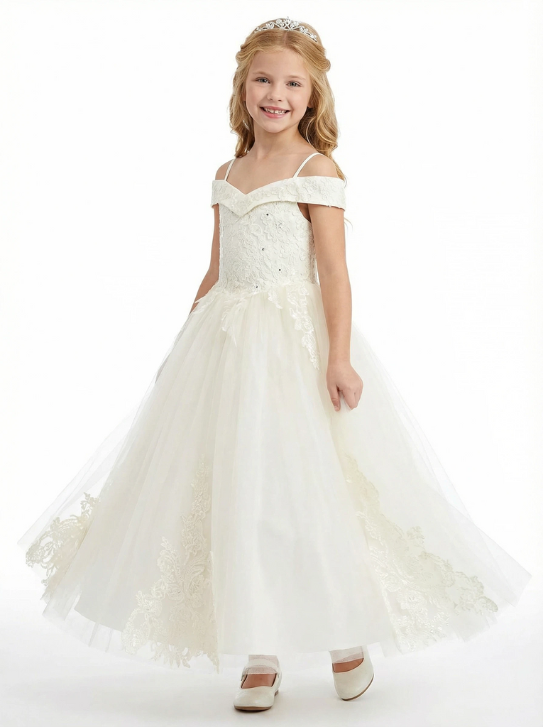 Off Shoulder Lace Flower Girl Gown Spaghetti Strap A-Line Floor Length Tulle Wedding Dress