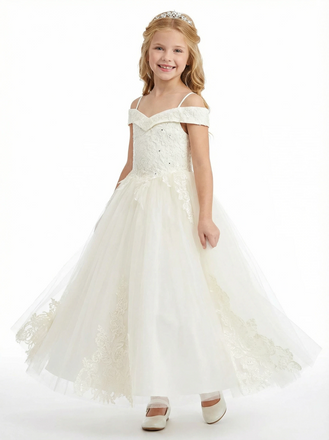Off Shoulder Lace Flower Girl Gown Spaghetti Strap A-Line Floor Length Tulle Wedding Dress