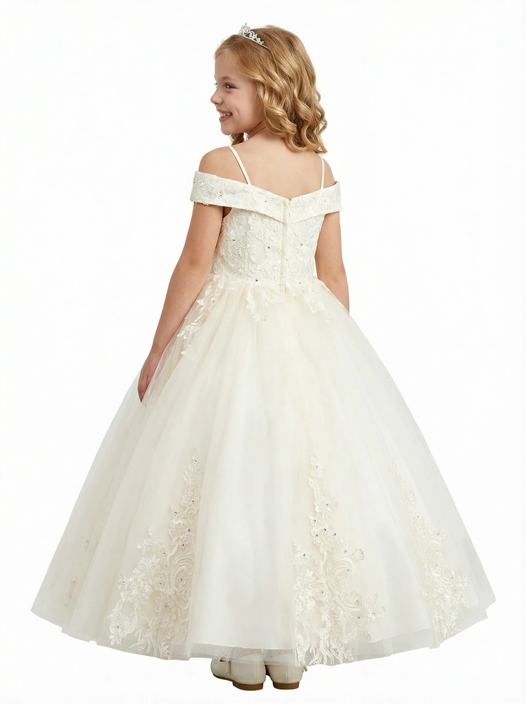 Off Shoulder Lace Flower Girl Gown Spaghetti Strap A-Line Floor Length Tulle Wedding Dress