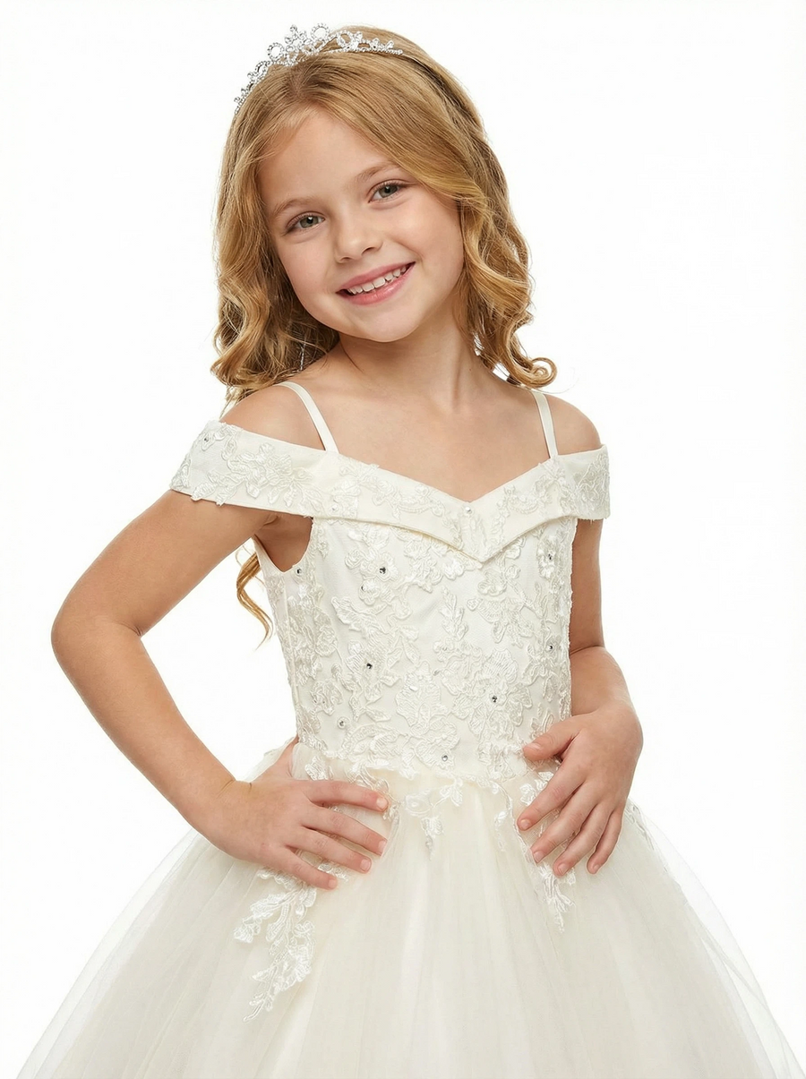 Off Shoulder Lace Flower Girl Gown Spaghetti Strap A-Line Floor Length Tulle Wedding Dress