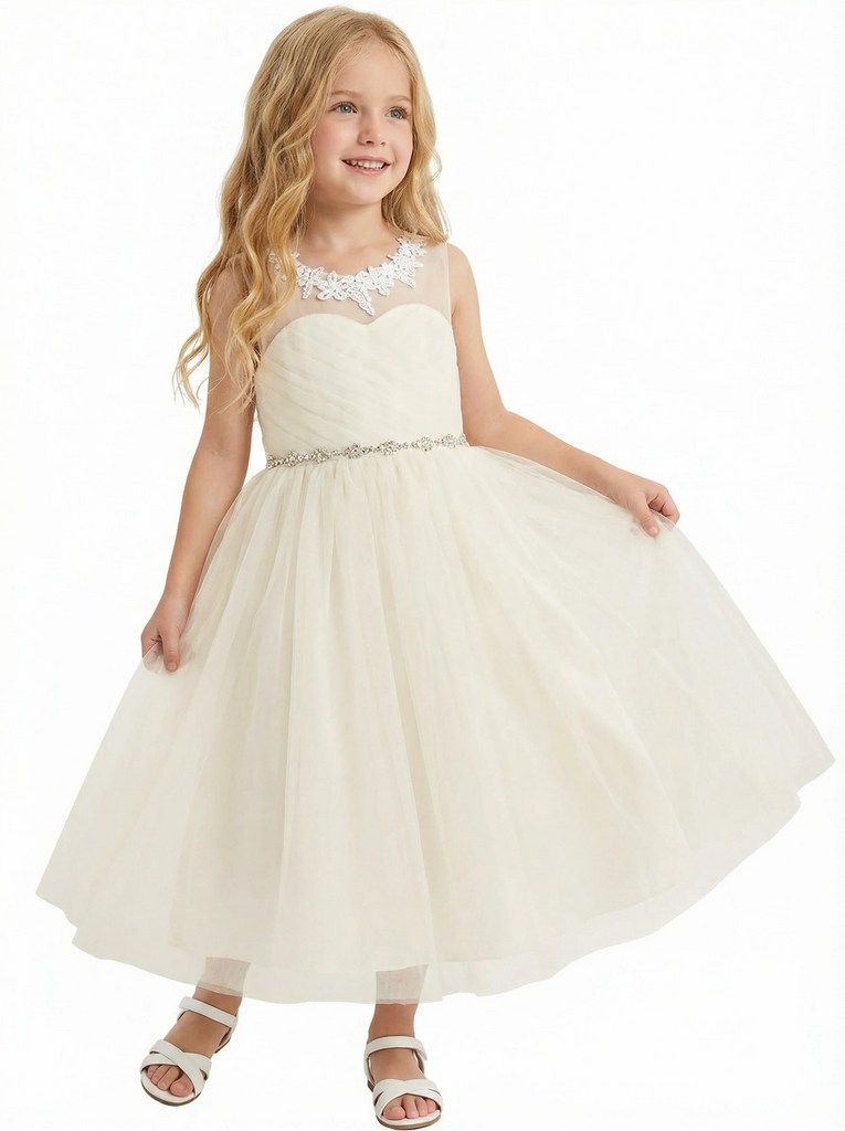 Illusion Neckline Flower Girl Dress Sleeveless A-Line Tea Length Tulle Formal Occasion Wear