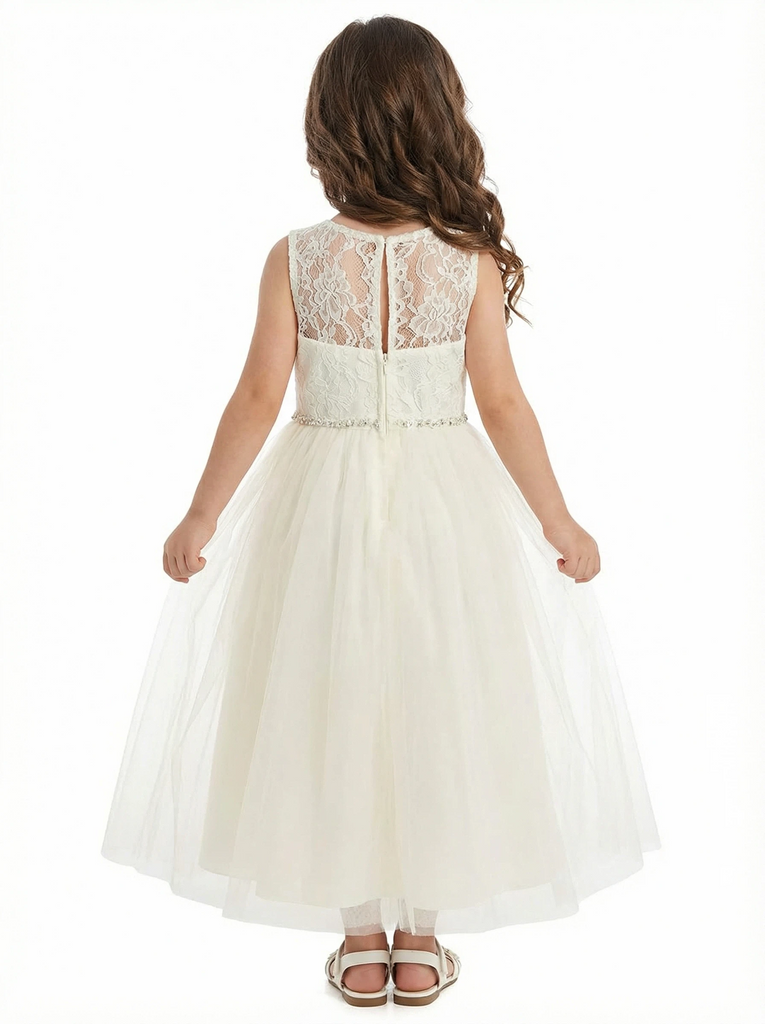 Illusion Neckline Flower Girl Dress Sleeveless A-Line Tea Length Tulle Formal Occasion Wear