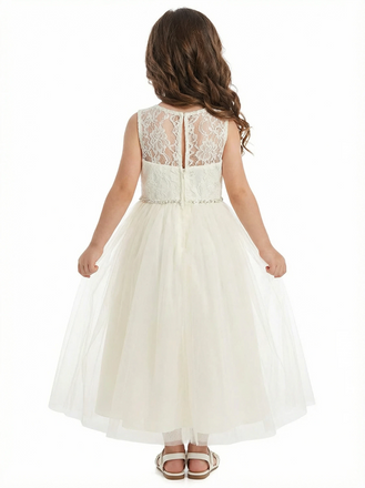 Illusion Neckline Flower Girl Dress Sleeveless A-Line Tea Length Tulle Formal Occasion Wear