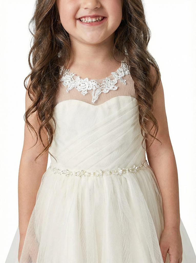 Illusion Neckline Flower Girl Dress Sleeveless A-Line Tea Length Tulle Formal Occasion Wear