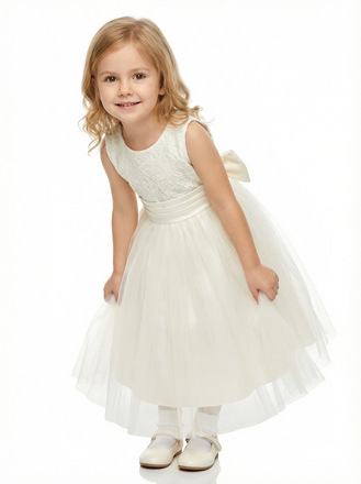 Sleeveless Lace Flower Girl Dress Scoop Neck A-Line Midi Length Soft Tulle Wedding Outfit
