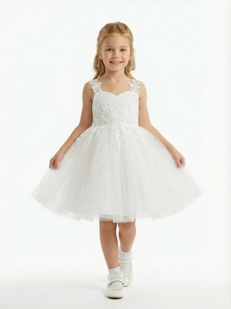 Elegant Lace Bodice Flower Girl Dress V Neck Sleeveless Knee Length Tulle Ceremony Dress