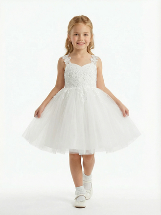 Elegant Lace Bodice Flower Girl Dress V Neck Sleeveless Knee Length Tulle Ceremony Dress