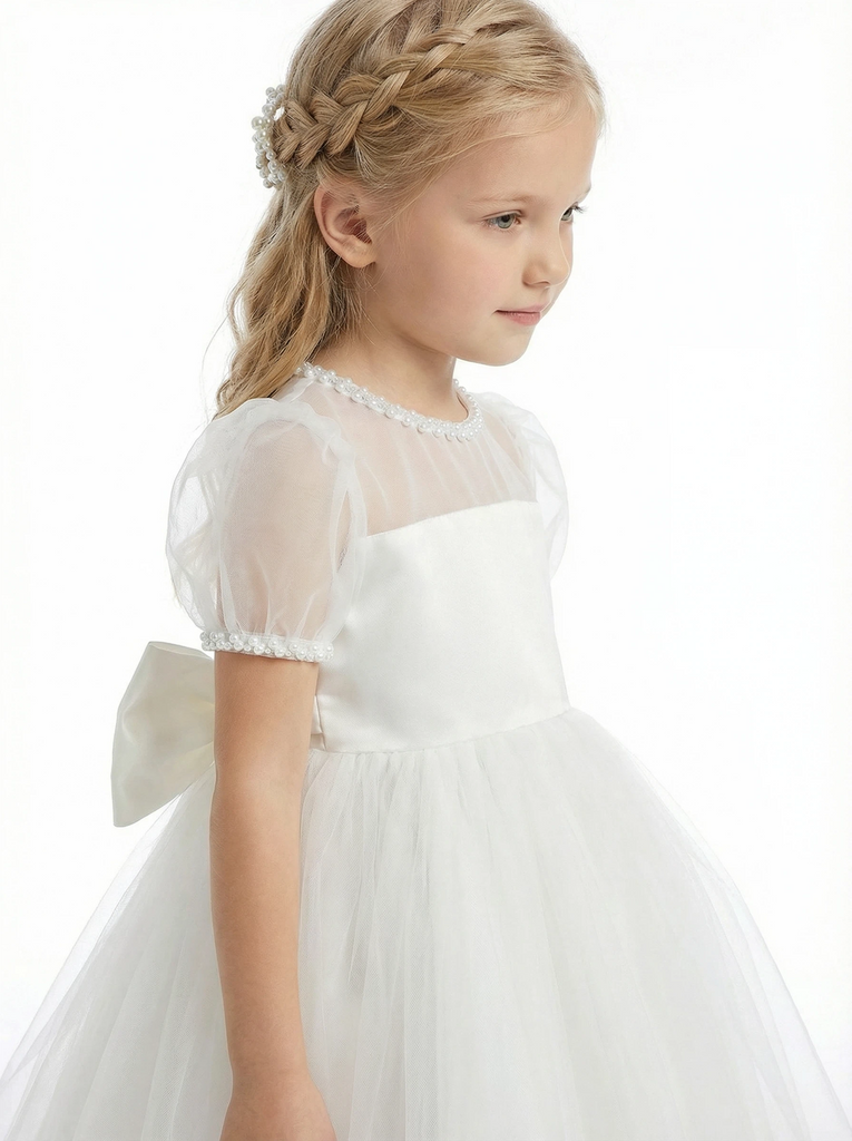 Sheer Yoke Puff Sleeve Flower Girl Dress Illusion-Neck  A-Line Tulle Party Dress
