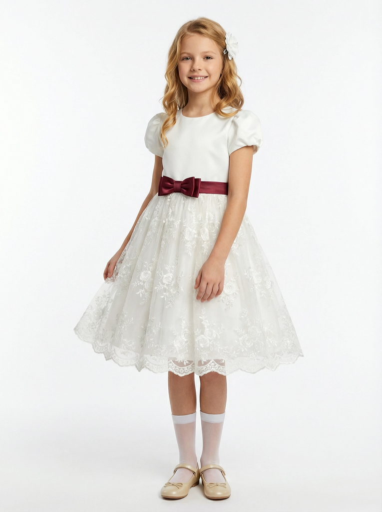 Classic Flower Girl Dress Puff Sleeve Round Neck A-Line Knee Length Lace Tulle Formal Wear