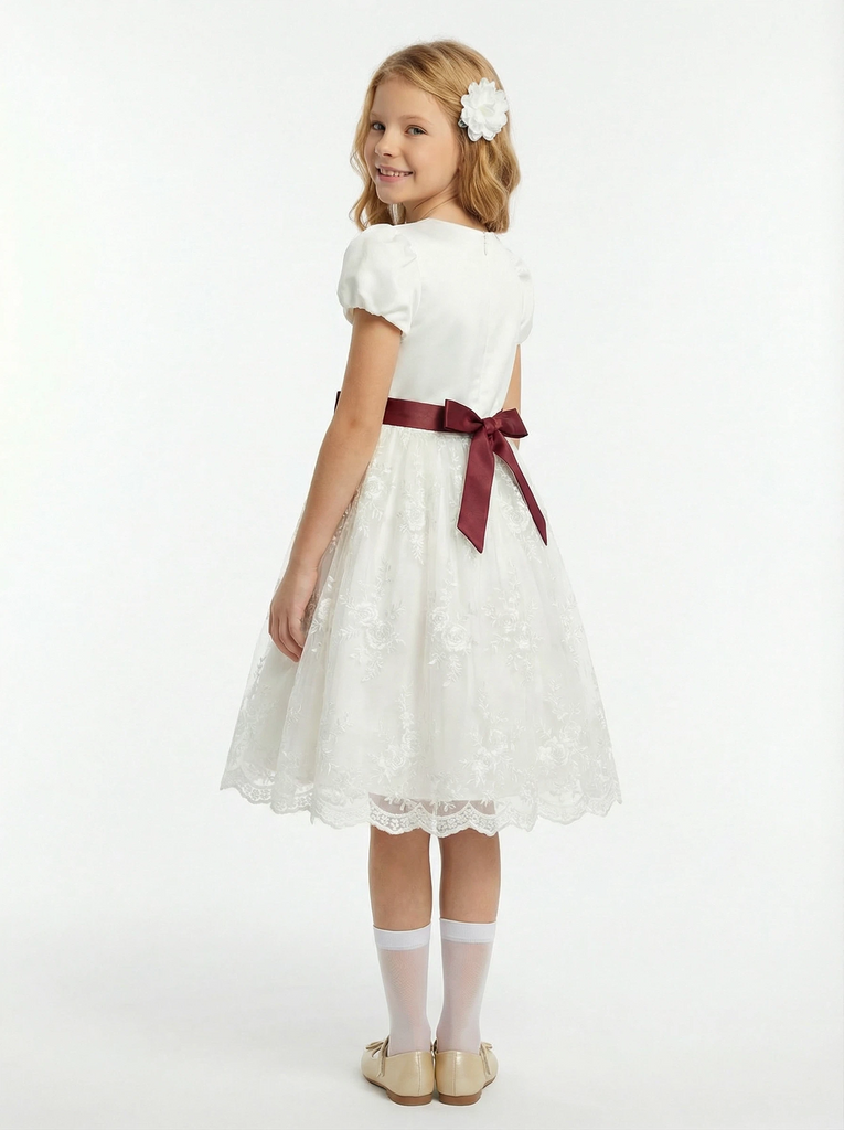 Classic Flower Girl Dress Puff Sleeve Round Neck A-Line Knee Length Lace Tulle Formal Wear