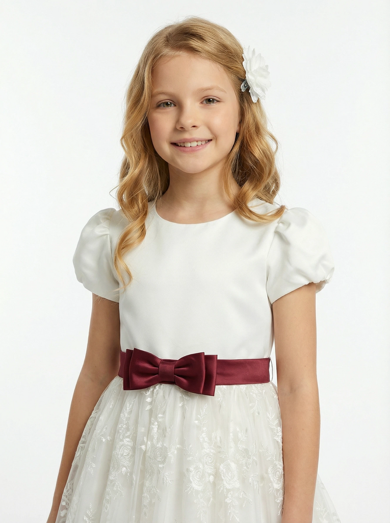 Classic Flower Girl Dress Puff Sleeve Round Neck A-Line Knee Length Lace Tulle Formal Wear