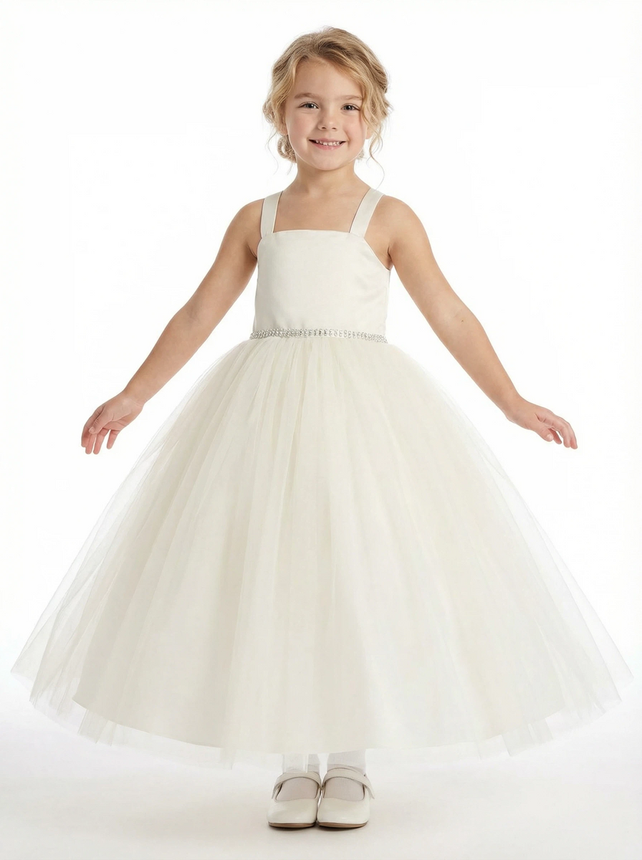 Strap Flower Girl Dress with Square Neck A Line Tulle Skirt Beaded Waist Wedding Gown