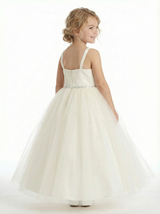 Strap Flower Girl Dress with Square Neck A Line Tulle Skirt Beaded Waist Wedding Gown