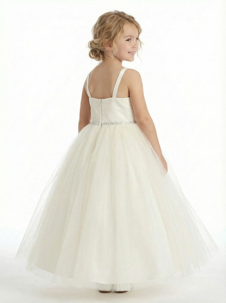 Strap Flower Girl Dress with Square Neck A Line Tulle Skirt Beaded Waist Wedding Gown