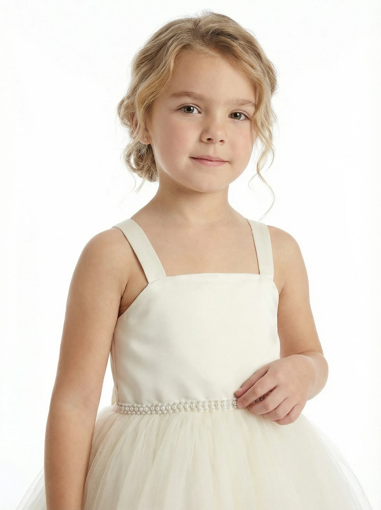Strap Flower Girl Dress with Square Neck A Line Tulle Skirt Beaded Waist Wedding Gown