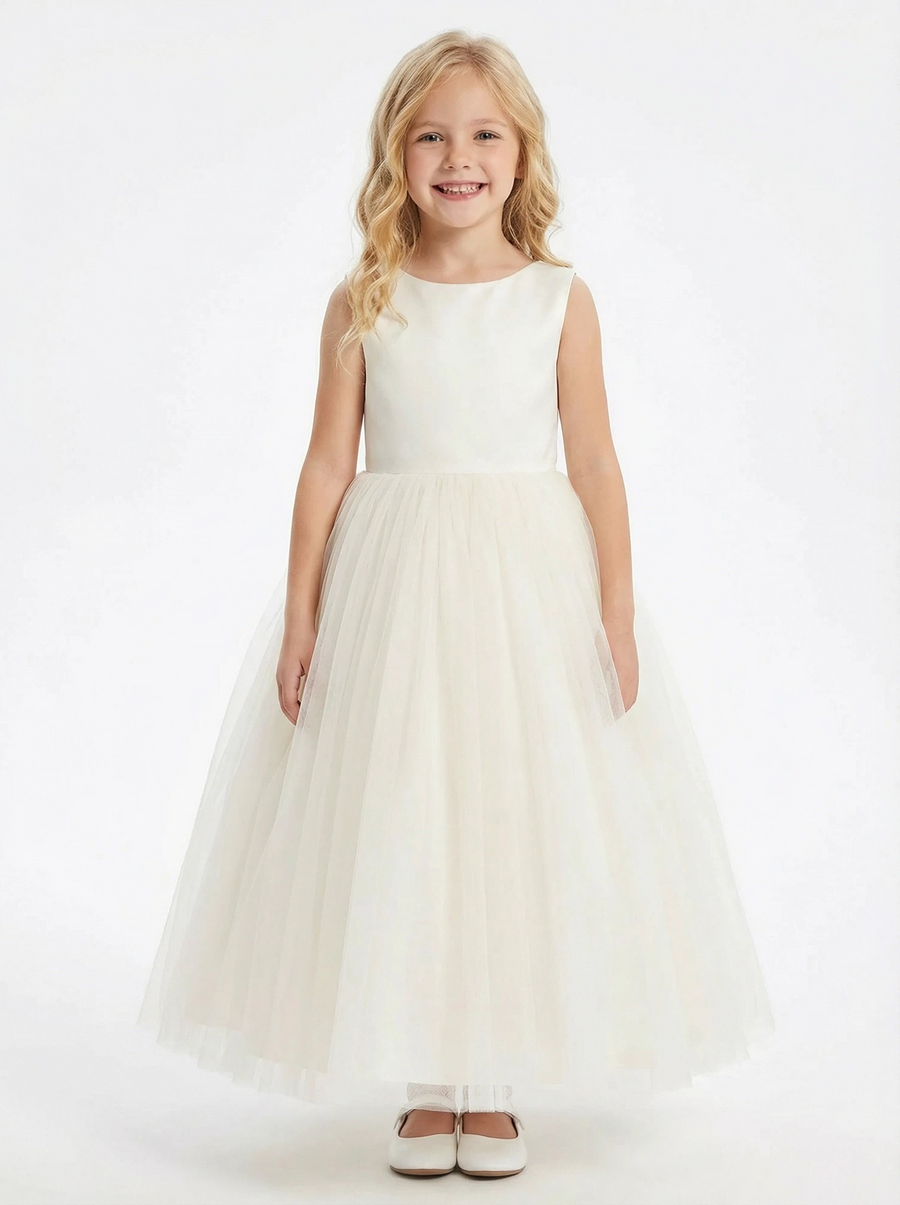Simple Flower Girl Dress Sleeveless Scoop Neck A Line Tulle Skirt Minimalist Wedding Gown