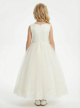 Simple Flower Girl Dress Sleeveless Scoop Neck A Line Tulle Skirt Minimalist Wedding Gown