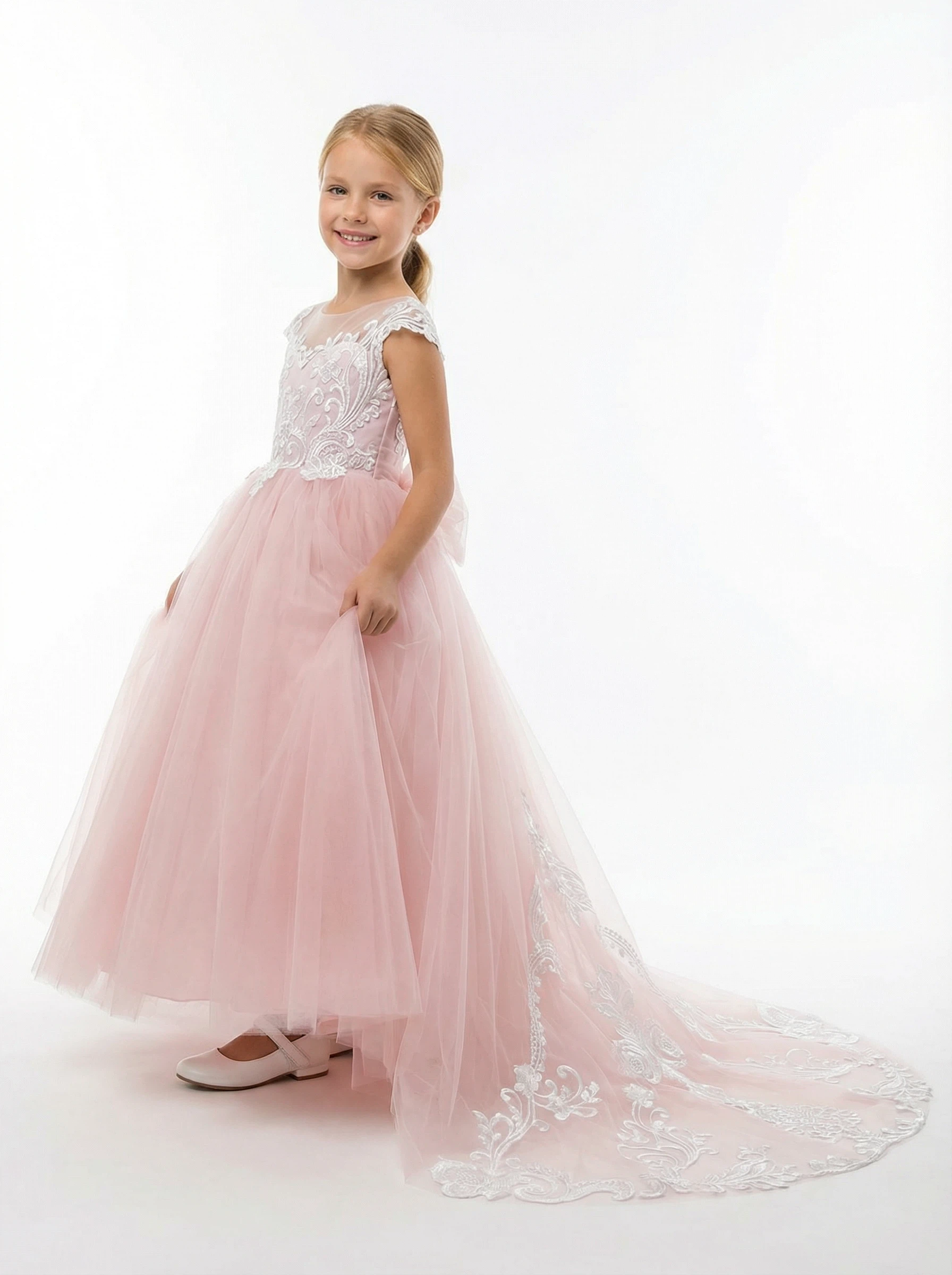 Princess Flower Girl Gown with Illusion Neck Sleeveless A Line Tulle Skirt Lace Train Dress