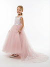 Princess Flower Girl Gown with Illusion Neck Sleeveless A Line Tulle Skirt Lace Train Dress