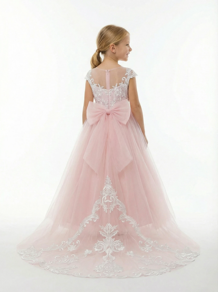 Princess Flower Girl Gown with Illusion Neck Sleeveless A Line Tulle Skirt Lace Train Dress