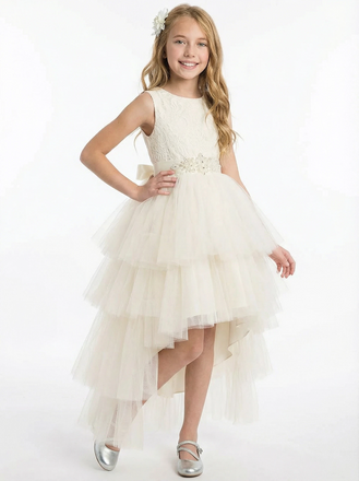 High Low Flower Girl Dress Sleeveless Lace Bodice Layered Tulle Skirt Party Wedding Gown