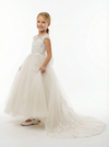 Illusion Neck Flower Girl Dress with Cap Sleeves A Line Tulle Skirt Cathedral Train Gown
