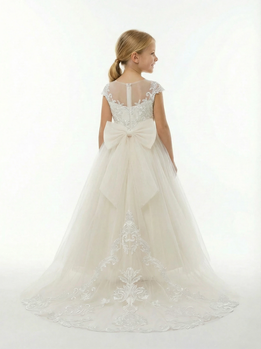 Illusion Neck Flower Girl Dress with Cap Sleeves A Line Tulle Skirt Cathedral Train Gown