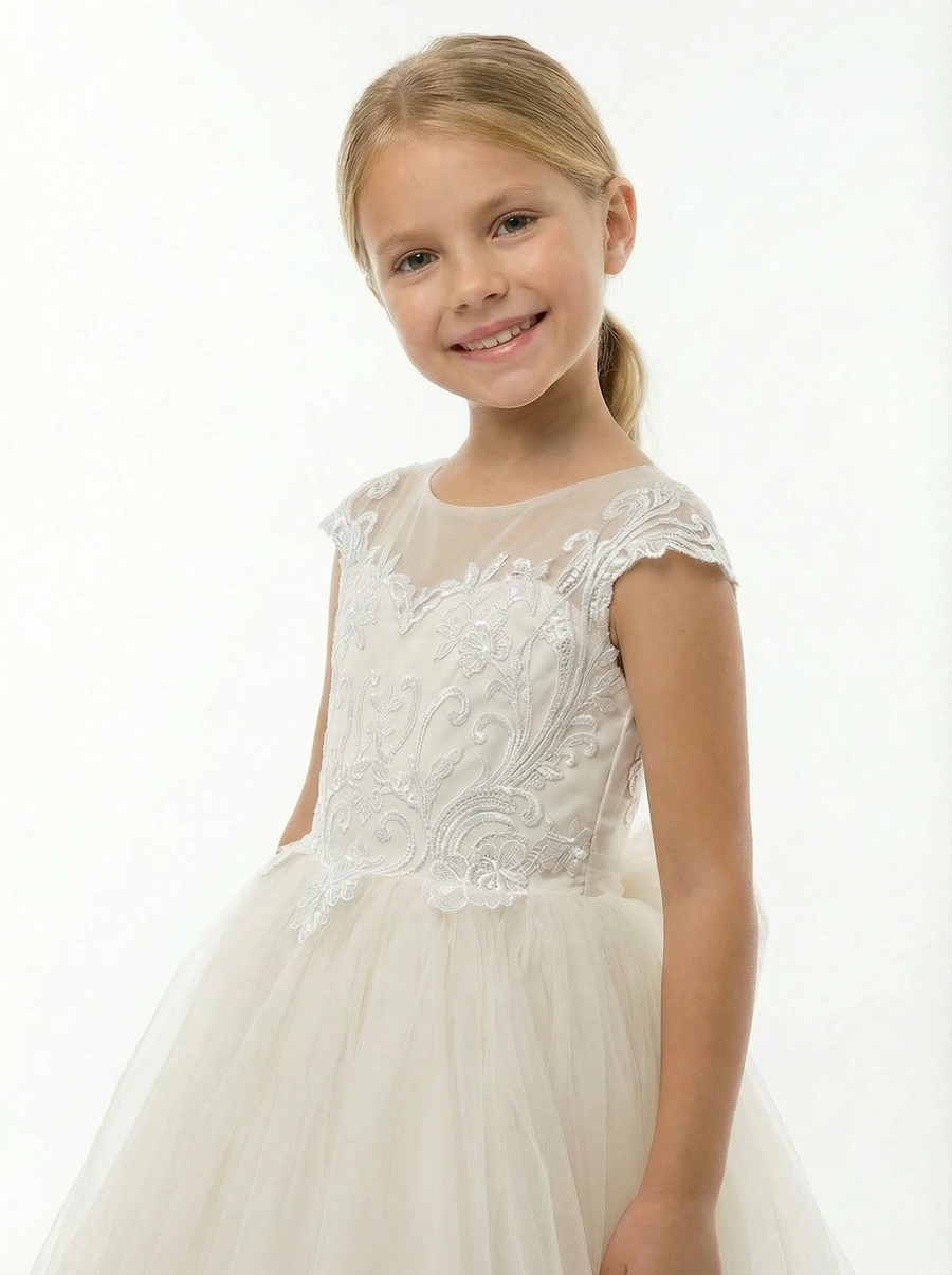 Illusion Neck Flower Girl Dress with Cap Sleeves A Line Tulle Skirt Cathedral Train Gown