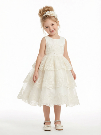 Floral Lace Tiered Flower Girl Dress Sleeveless Round Neck  Length Tulle Party Gown