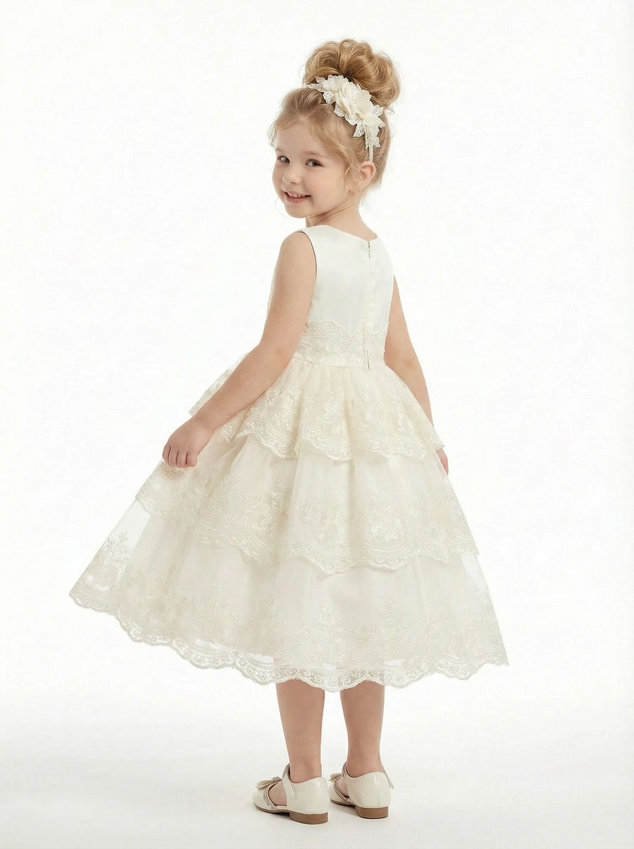 Floral Lace Tiered Flower Girl Dress Sleeveless Round Neck  Length Tulle Party Gown