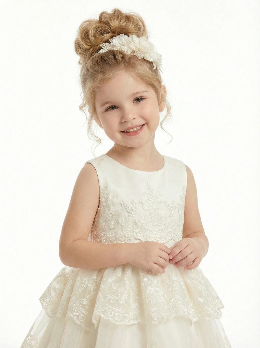 Floral Lace Tiered Flower Girl Dress Sleeveless Round Neck  Length Tulle Party Gown