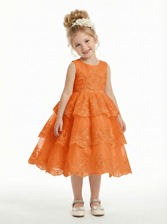 Tiered Lace Flower Girl Gown Sleeveless Round Neck Layered Skirt Princess Wedding Dress