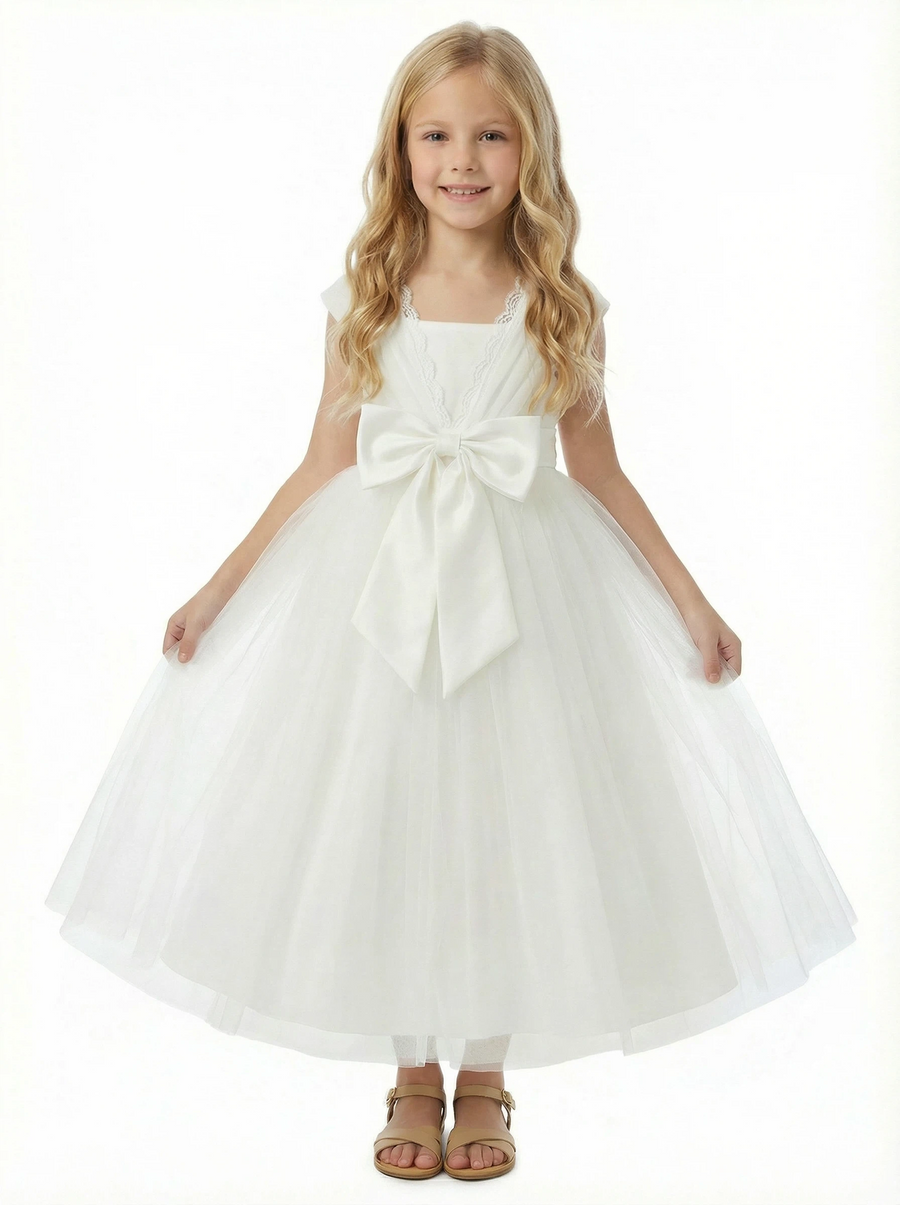 Flower Girl Dress with V Neck Sleeveless A Line Tulle Skirt Bow Detail Elegant Wedding Gown