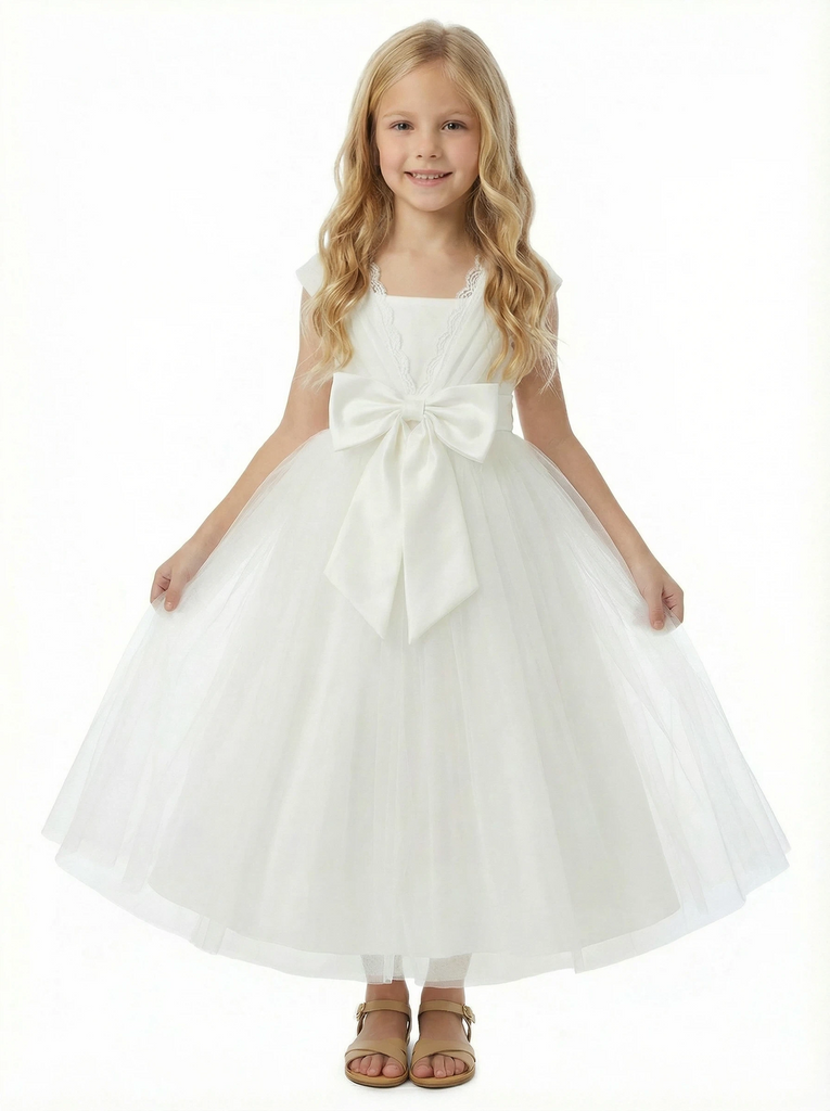 Flower Girl Dress with V Neck Sleeveless A Line Tulle Skirt Bow Detail Elegant Wedding Gown