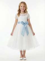 Lace Flower Girl Dress for Wedding with Round Neck Short Sleeves Tulle A Line Formal Gown