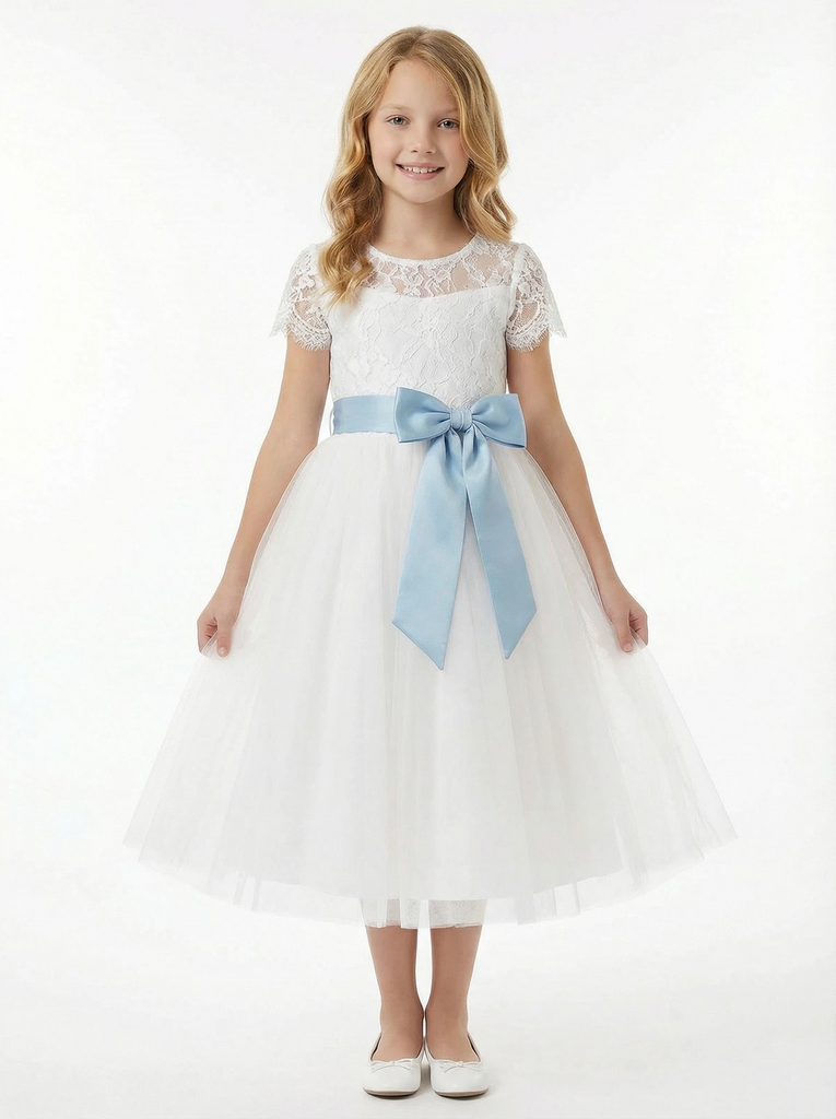 Lace Flower Girl Dress for Wedding with Round Neck Short Sleeves Tulle A Line Formal Gown