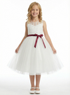 Classic Floral Lace Flower Girl Dress with Soft Tulle Skirt and Burgundy Waist Bow