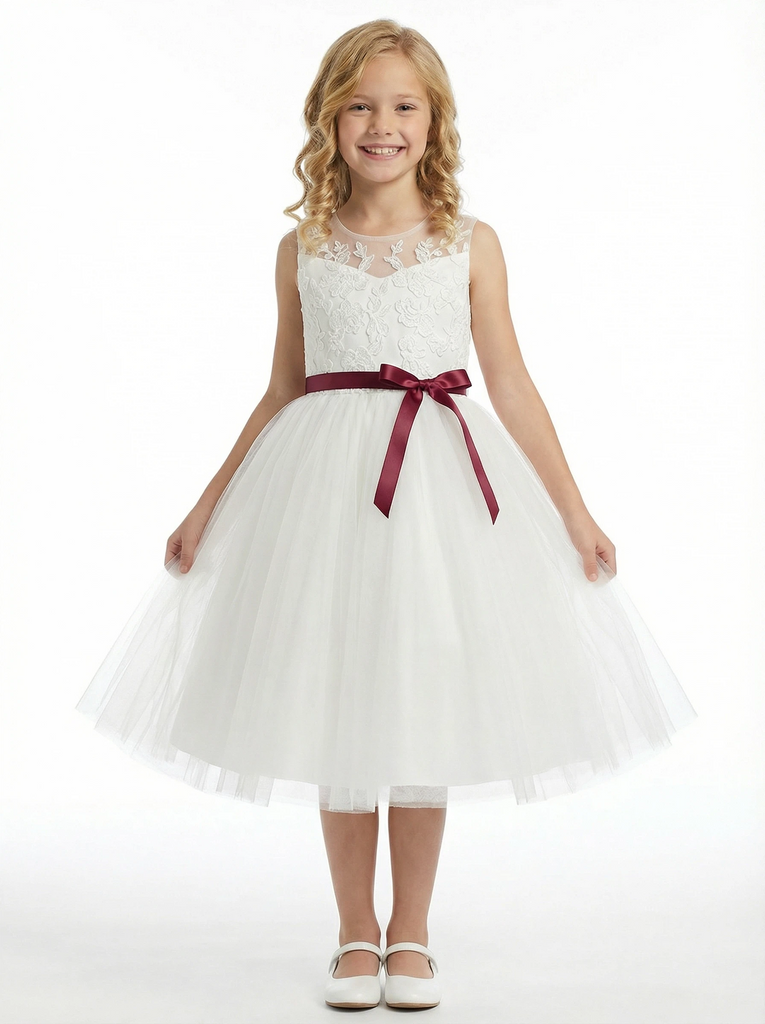 Classic Floral Lace Flower Girl Dress with Soft Tulle Skirt and Burgundy Waist Bow