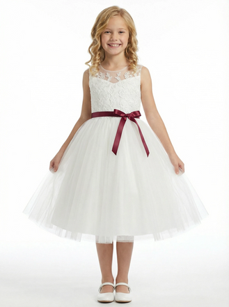 Classic Floral Lace Flower Girl Dress with Soft Tulle Skirt and Burgundy Waist Bow