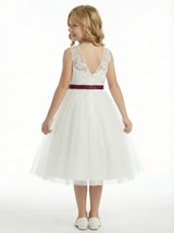 Classic Floral Lace Flower Girl Dress with Soft Tulle Skirt and Burgundy Waist Bow